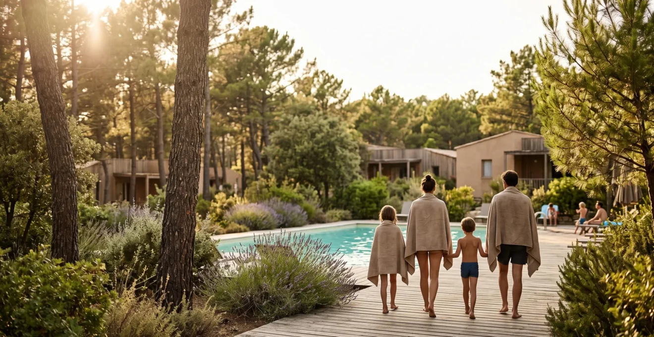 Famille avec enfants profitant d'un moment de complicite en camping naturiste au bord d'une piscine entouree de nature