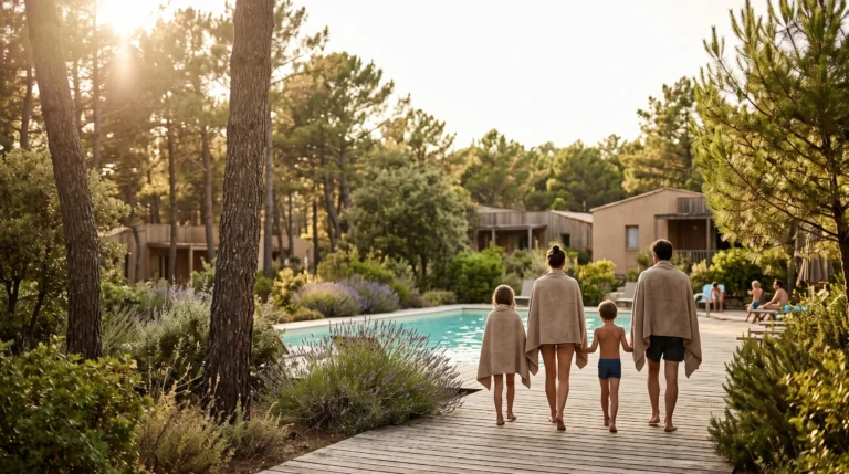 Famille avec enfants profitant d'un moment de complicite en camping naturiste au bord d'une piscine entouree de nature