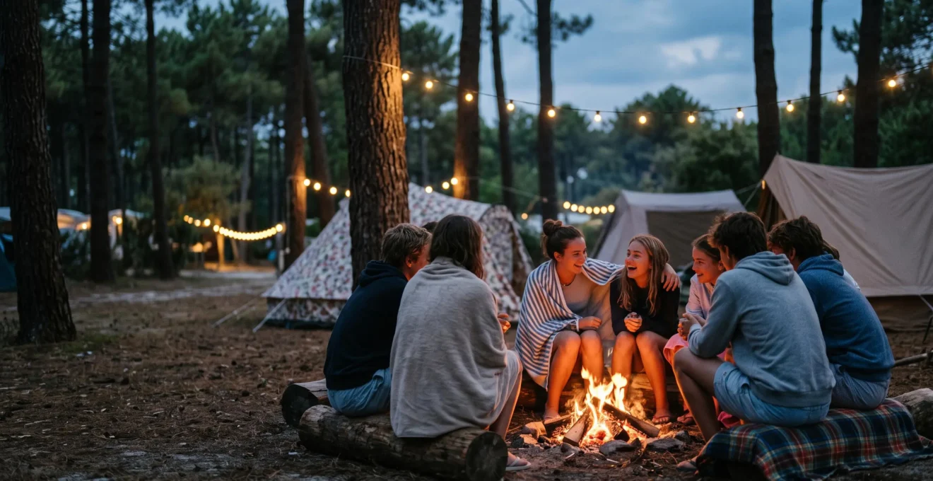 Groupe d'adolescents complices autour d'un feu de camp au crepuscule dans un camping nature, ambiance de vacances conviviale