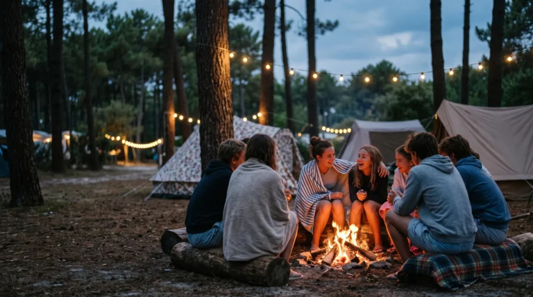 Groupe d'adolescents complices autour d'un feu de camp au crepuscule dans un camping nature, ambiance de vacances conviviale