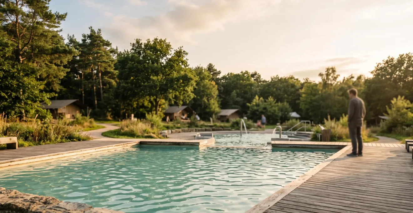 Aire de jeux aquatique en camping avec pataugeoire peu profonde et enfant surveille par un adulte