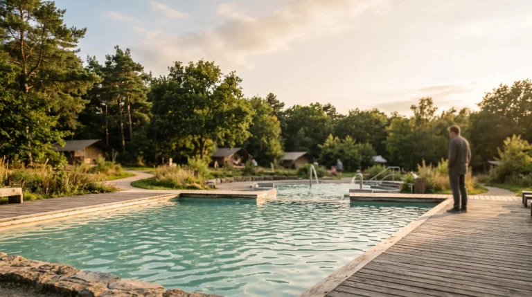 Aire de jeux aquatique en camping avec pataugeoire peu profonde et enfant surveille par un adulte