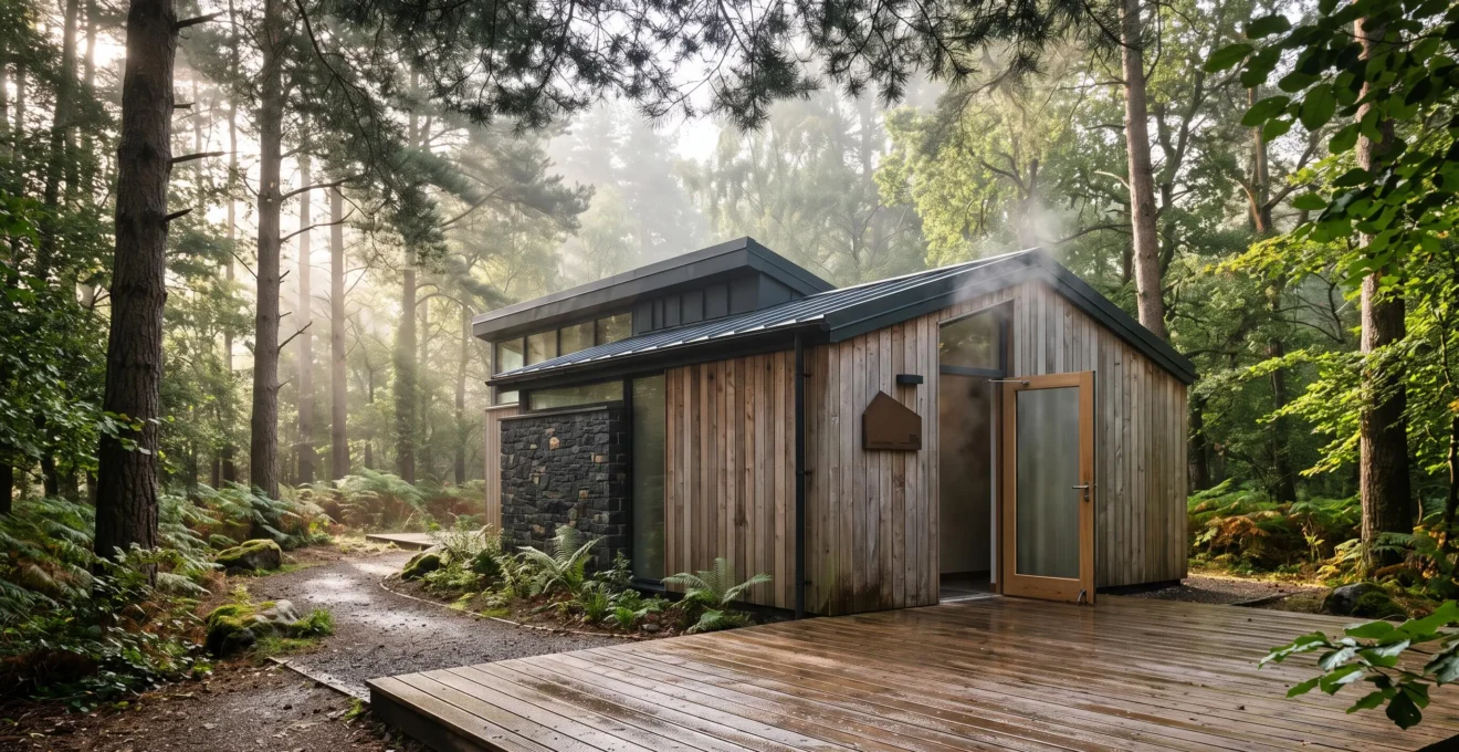 Bâtiment sanitaire moderne et épuré d'un camping naturiste au petit matin, symbole de confort et d'hygiène irréprochable