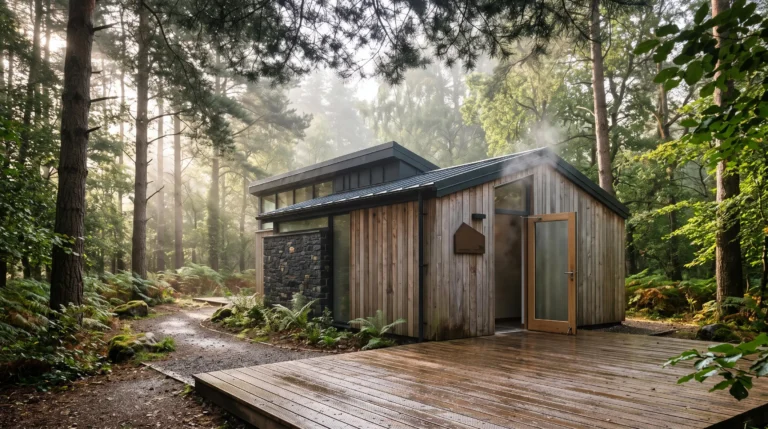 Bâtiment sanitaire moderne et épuré d'un camping naturiste au petit matin, symbole de confort et d'hygiène irréprochable
