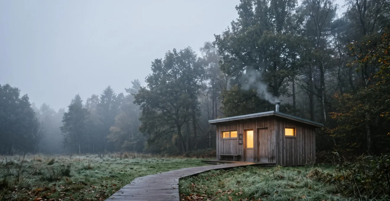 Bloc sanitaire chauffe illumine dans un camping naturiste par un matin d'octobre brumeux