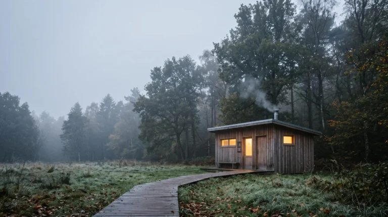 Bloc sanitaire chauffe illumine dans un camping naturiste par un matin d'octobre brumeux