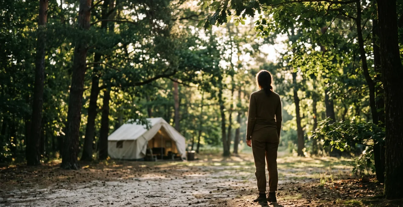Silhouette discrete d'une personne de dos profitant du soleil filtre par les arbres dans un camping naturiste au petit matin