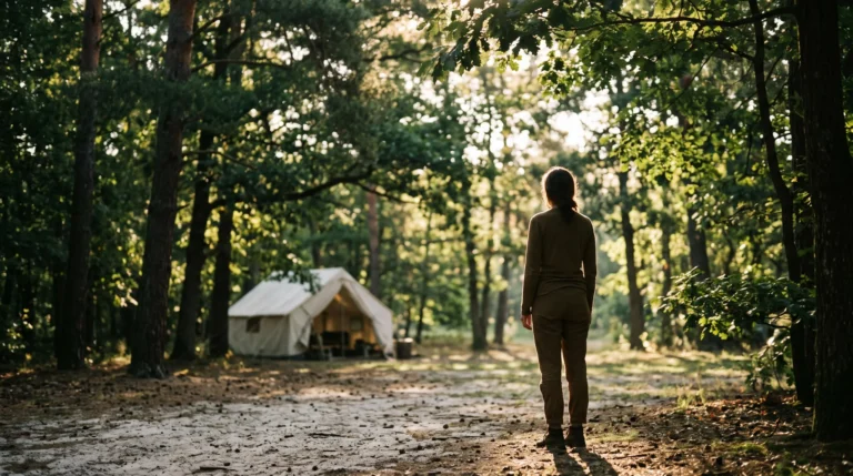 Silhouette discrete d'une personne de dos profitant du soleil filtre par les arbres dans un camping naturiste au petit matin