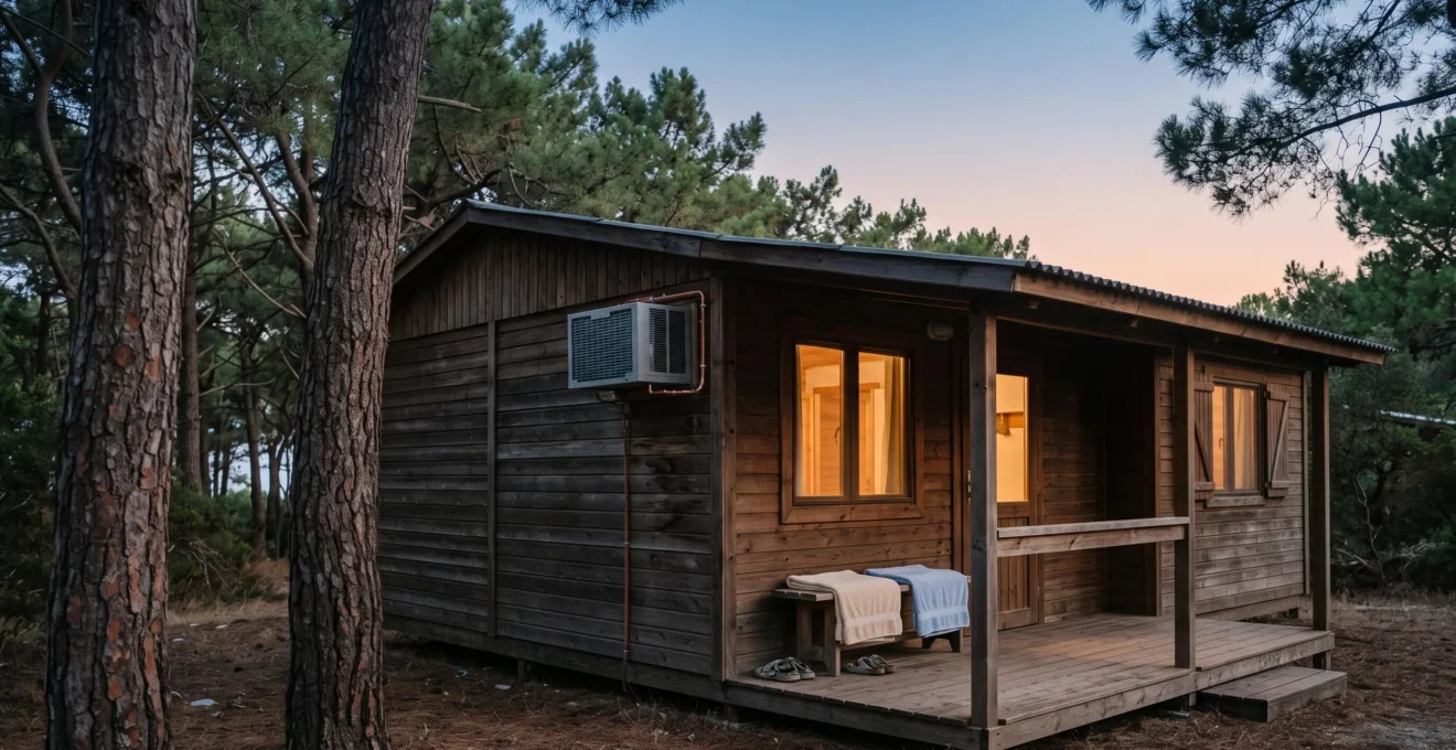 Bungalow en bois dans un camping naturiste au crepuscule, ambiance fraiche et apaisante malgre la chaleur estivale