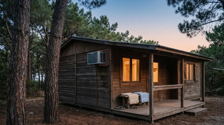 Bungalow en bois dans un camping naturiste au crepuscule, ambiance fraiche et apaisante malgre la chaleur estivale