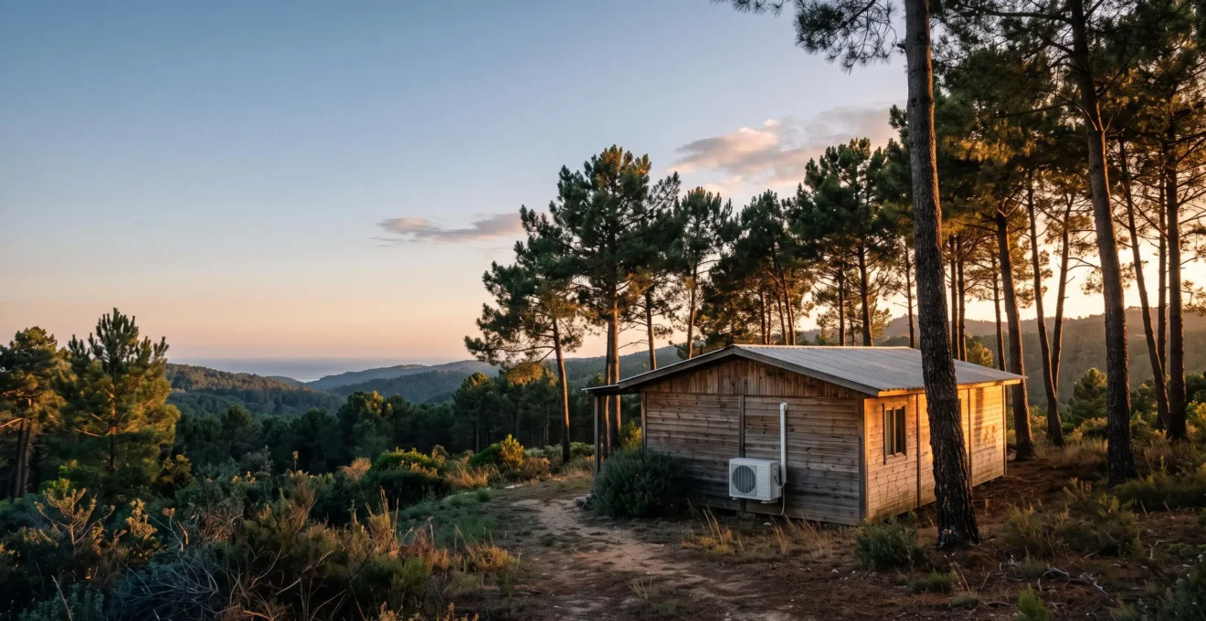 Bungalow d'hebergement naturiste equipe d'une climatisation reversible, integre dans un cadre naturel apaisant