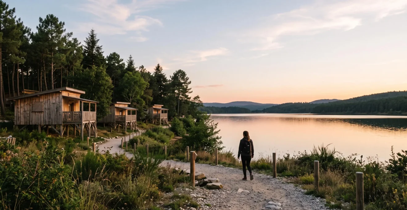 Vue panoramique d'un camping naturiste niché entre pinède et littoral, illustrant un cadre écoresponsable préservé