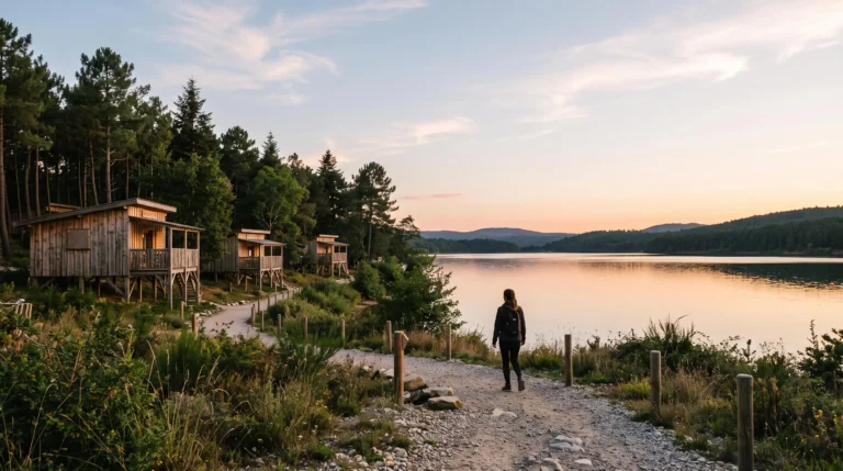 Vue panoramique d'un camping naturiste niché entre pinède et littoral, illustrant un cadre écoresponsable préservé