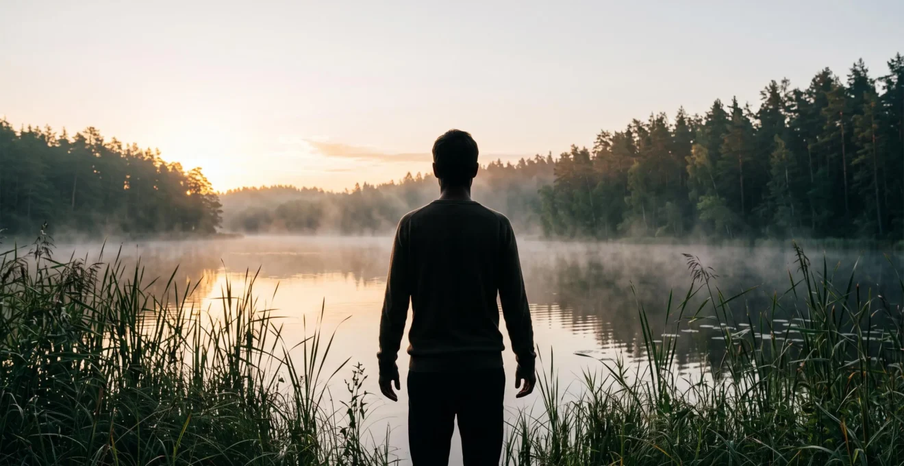 Silhouette d'une personne de dos face à un lac au lever du soleil, symbolisant la déconnexion digitale et mentale en camping naturiste