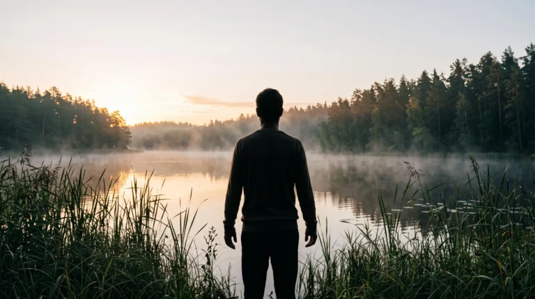 Silhouette d'une personne de dos face à un lac au lever du soleil, symbolisant la déconnexion digitale et mentale en camping naturiste