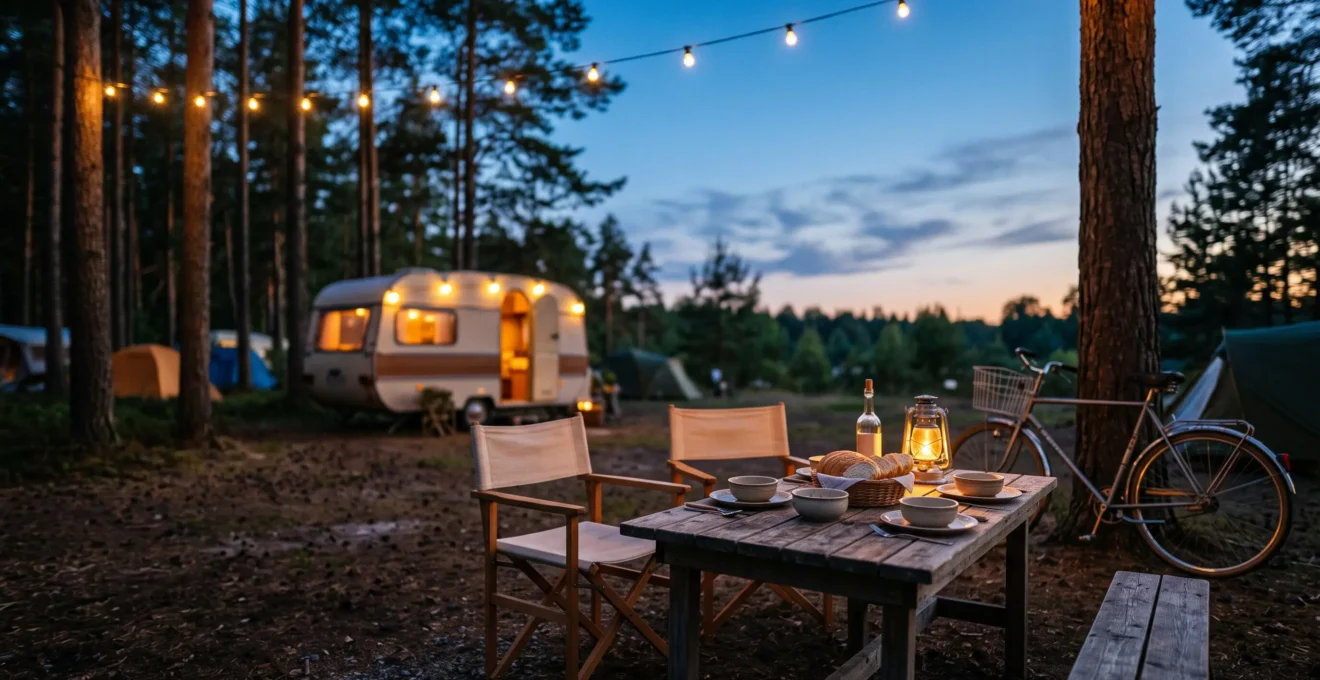 Ambiance conviviale et authentique d'un camping naturiste traditionnel au coucher du soleil