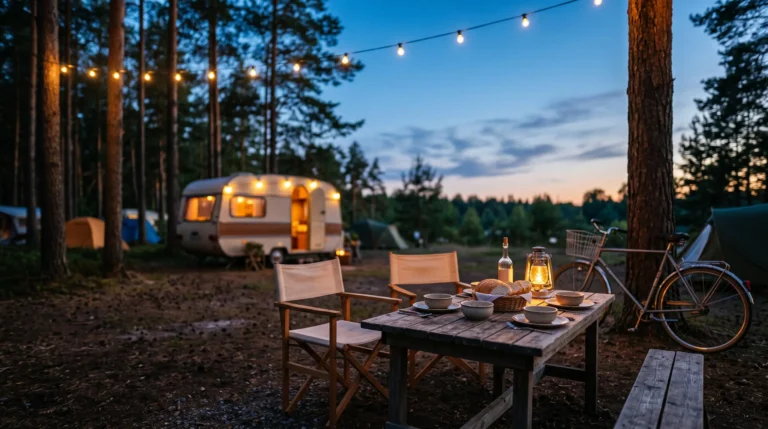 Ambiance conviviale et authentique d'un camping naturiste traditionnel au coucher du soleil