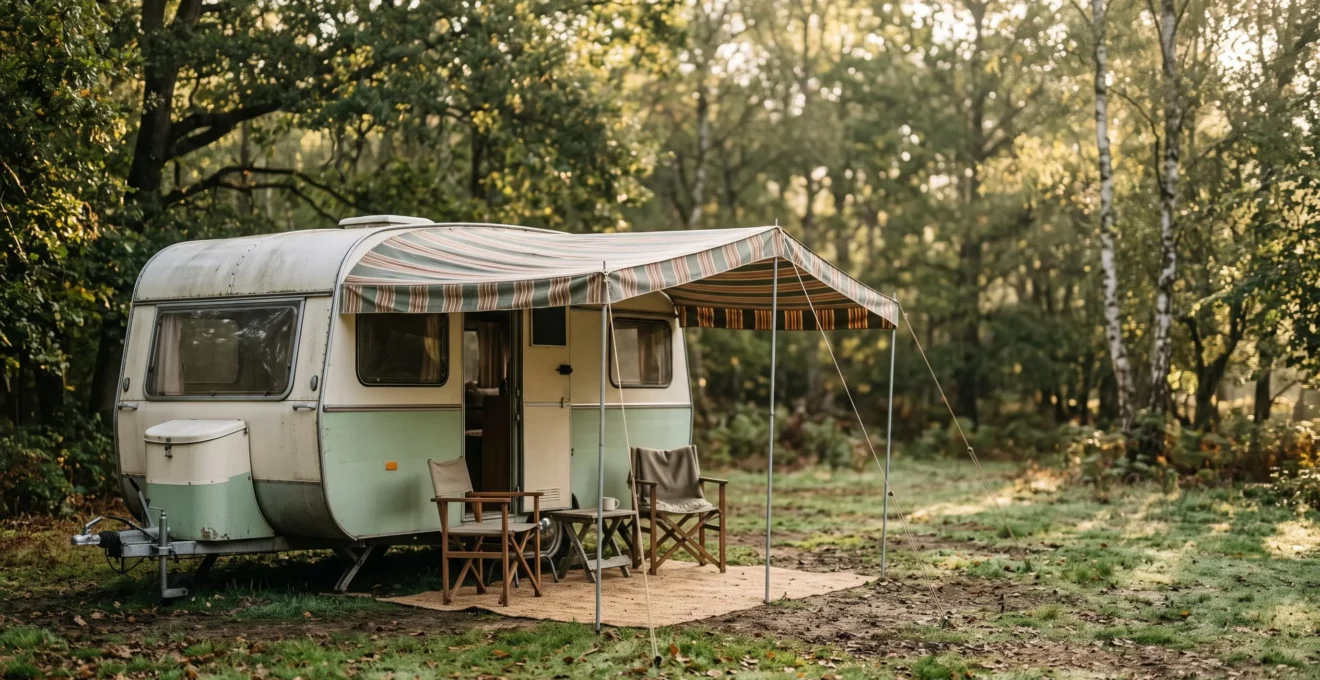 Caravane installée sur un emplacement ombragé et boisé d'un camping naturiste au lever du soleil