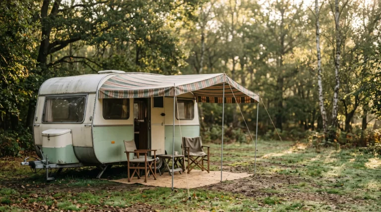 Caravane installée sur un emplacement ombragé et boisé d'un camping naturiste au lever du soleil