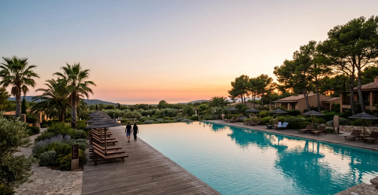 Vue panoramique d'un centre de vacances naturiste avec piscine et espaces d'activites en plein air au coucher du soleil