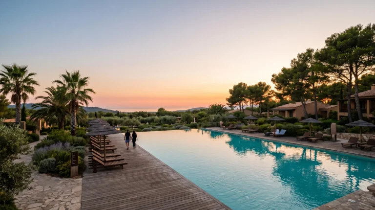 Vue panoramique d'un centre de vacances naturiste avec piscine et espaces d'activites en plein air au coucher du soleil