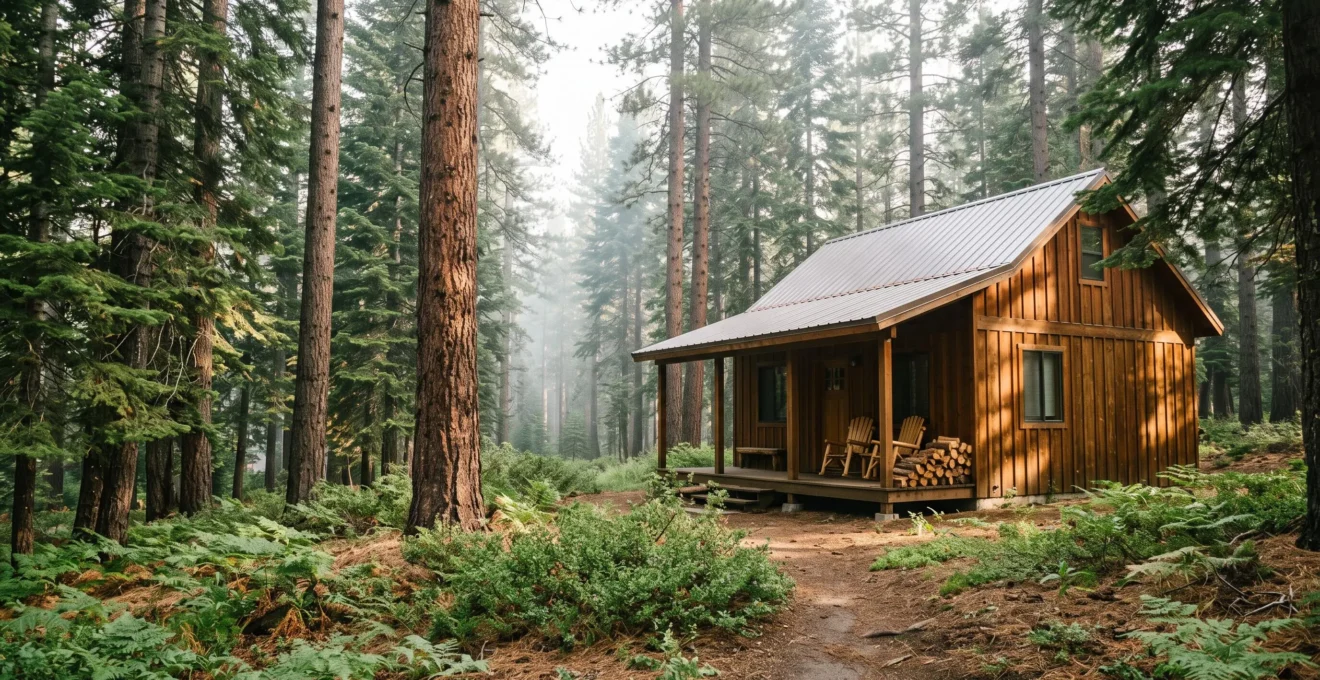 Chalet en bois cosy niché dans une clairière boisée, illustrant un hébergement authentique de camping naturiste