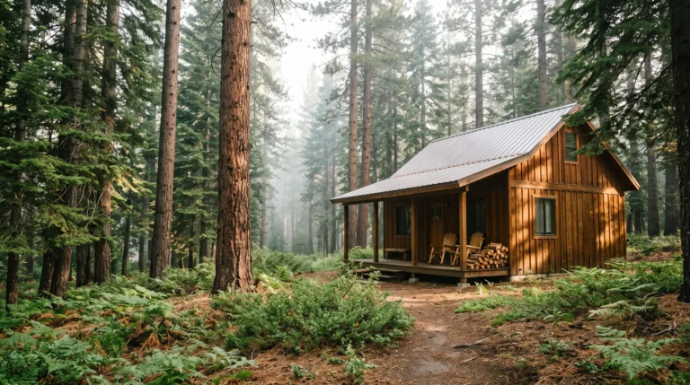 Chalet en bois cosy niché dans une clairière boisée, illustrant un hébergement authentique de camping naturiste