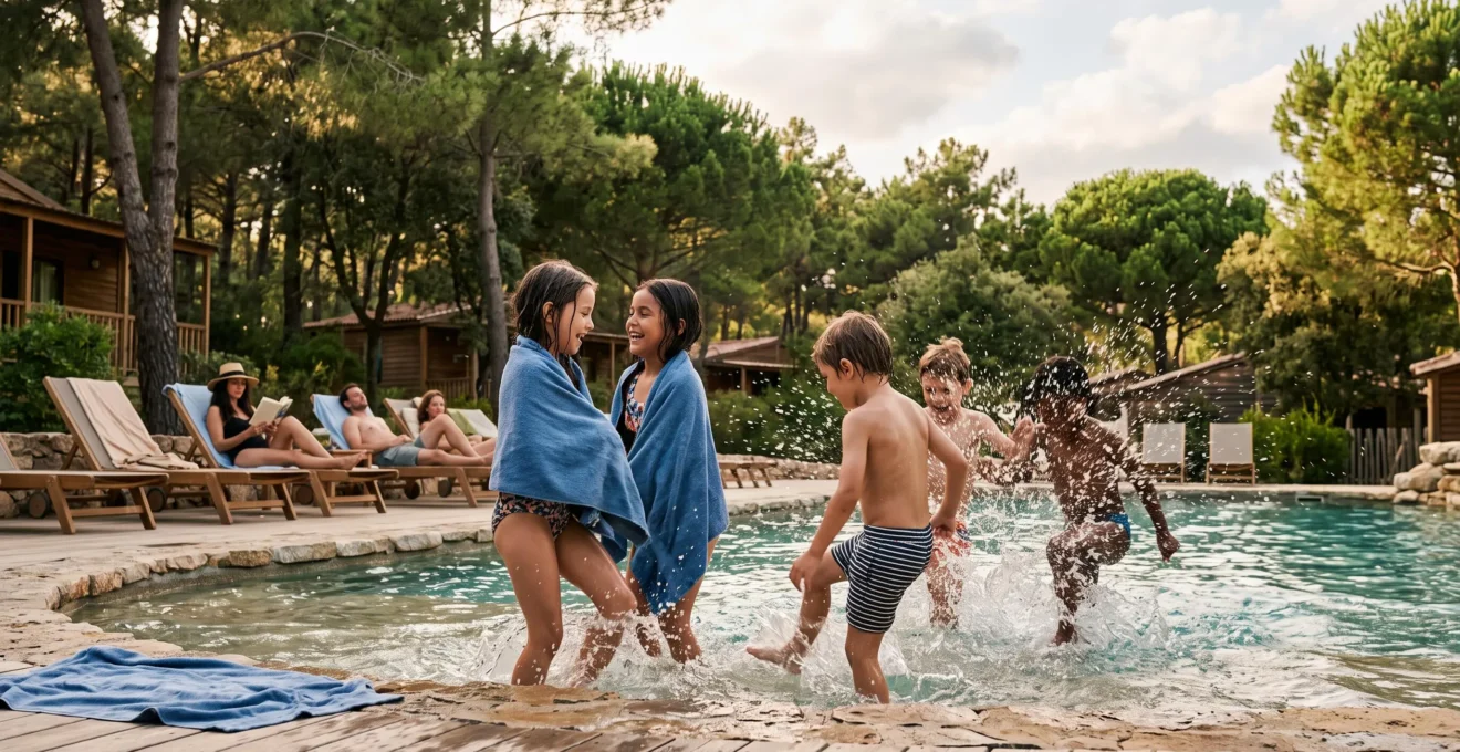 Enfants riant et jouant au bord d'une piscine dans un camping naturiste entoure de verdure, symbole de detente familiale