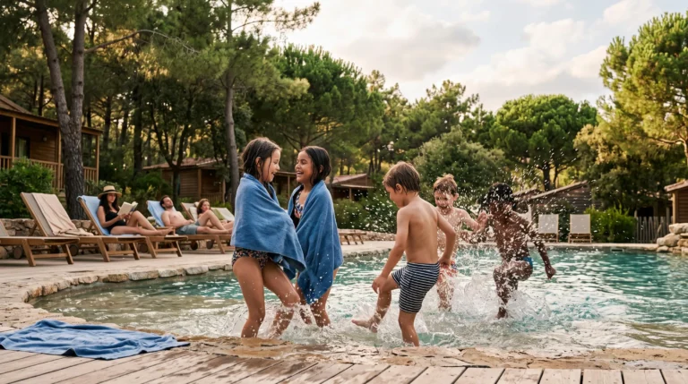 Enfants riant et jouant au bord d'une piscine dans un camping naturiste entoure de verdure, symbole de detente familiale