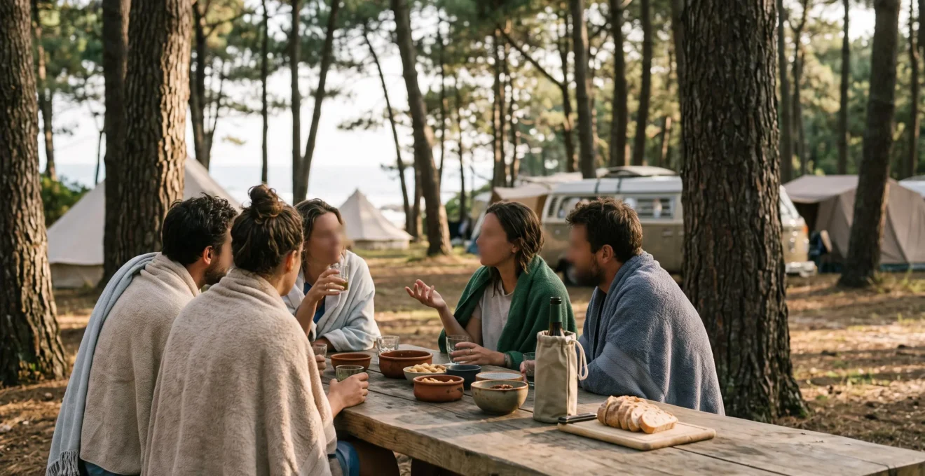 Groupe d'amis de dos partageant un moment convivial autour d'une table en bois dans un camping naturiste au coucher du soleil