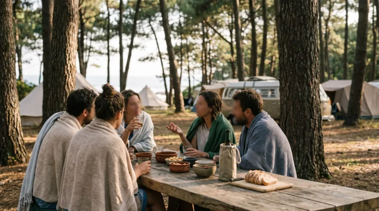 Groupe d'amis de dos partageant un moment convivial autour d'une table en bois dans un camping naturiste au coucher du soleil