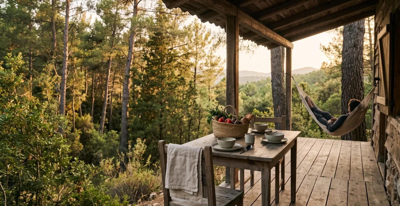 Terrasse en bois d'un cottage entoure de verdure avec une table dressee pour un repas en plein air, ambiance chaleureuse de vacances longue duree