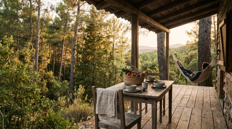 Terrasse en bois d'un cottage entoure de verdure avec une table dressee pour un repas en plein air, ambiance chaleureuse de vacances longue duree
