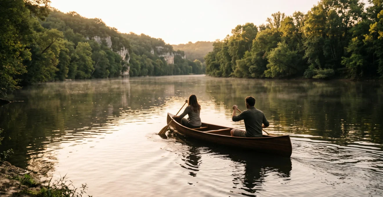 Couple pagayant en canoe sur une riviere calme au coeur d'un camping naturiste en France, ambiance sereine et complice