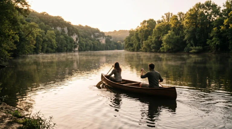 Couple pagayant en canoe sur une riviere calme au coeur d'un camping naturiste en France, ambiance sereine et complice