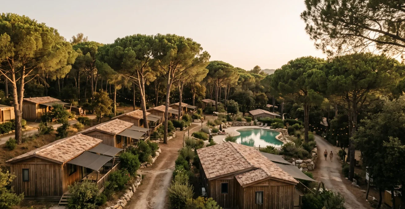 Domaine naturiste classé en France au coucher du soleil, illustrant les labels et étoiles officiels de l'hôtellerie de plein air