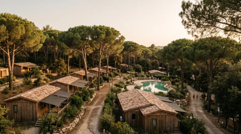 Domaine naturiste classé en France au coucher du soleil, illustrant les labels et étoiles officiels de l'hôtellerie de plein air