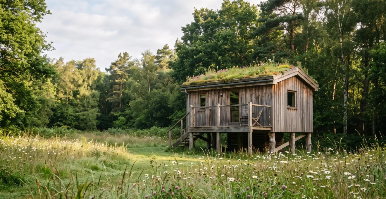 Écolodge en bois biosourcé niché dans une clairière naturelle, symbole d'un hébergement naturiste réellement écologique