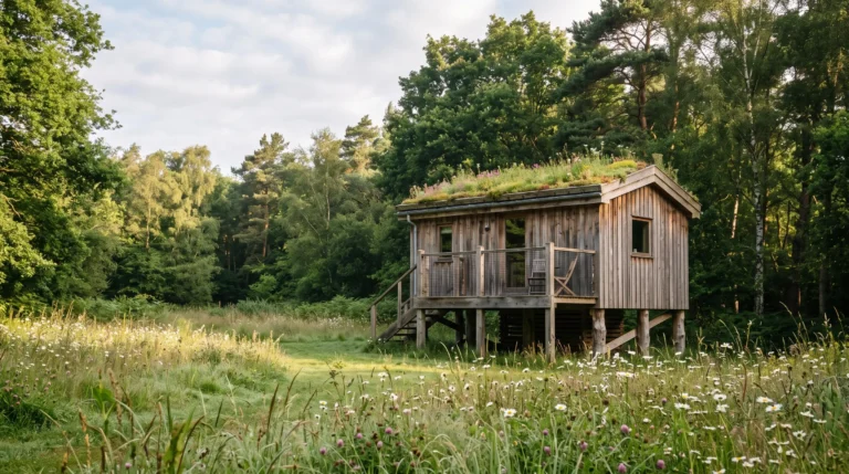 Écolodge en bois biosourcé niché dans une clairière naturelle, symbole d'un hébergement naturiste réellement écologique