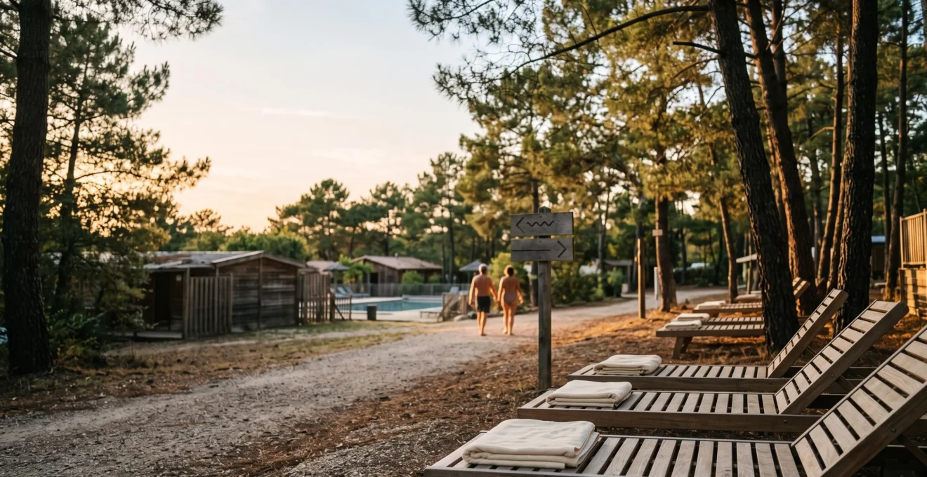 Ambiance sereine d'un camping naturiste illustrant le respect et les bonnes manieres entre vacanciers