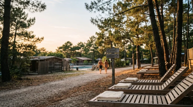 Ambiance sereine d'un camping naturiste illustrant le respect et les bonnes manieres entre vacanciers