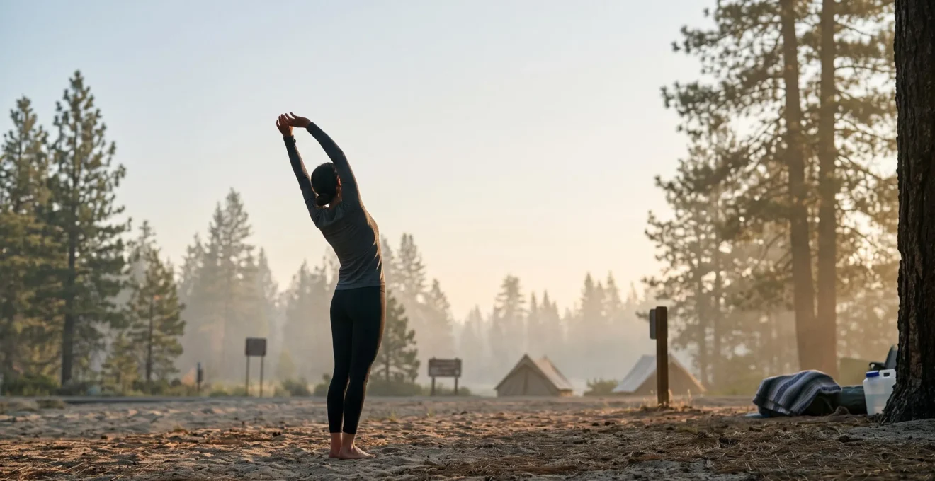 Silhouette pratiquant un étirement matinal en pleine nature au lever du soleil dans un camping naturiste, dos et colonne vertébrale mis en valeur