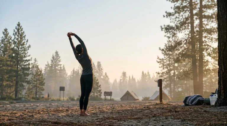Silhouette pratiquant un étirement matinal en pleine nature au lever du soleil dans un camping naturiste, dos et colonne vertébrale mis en valeur