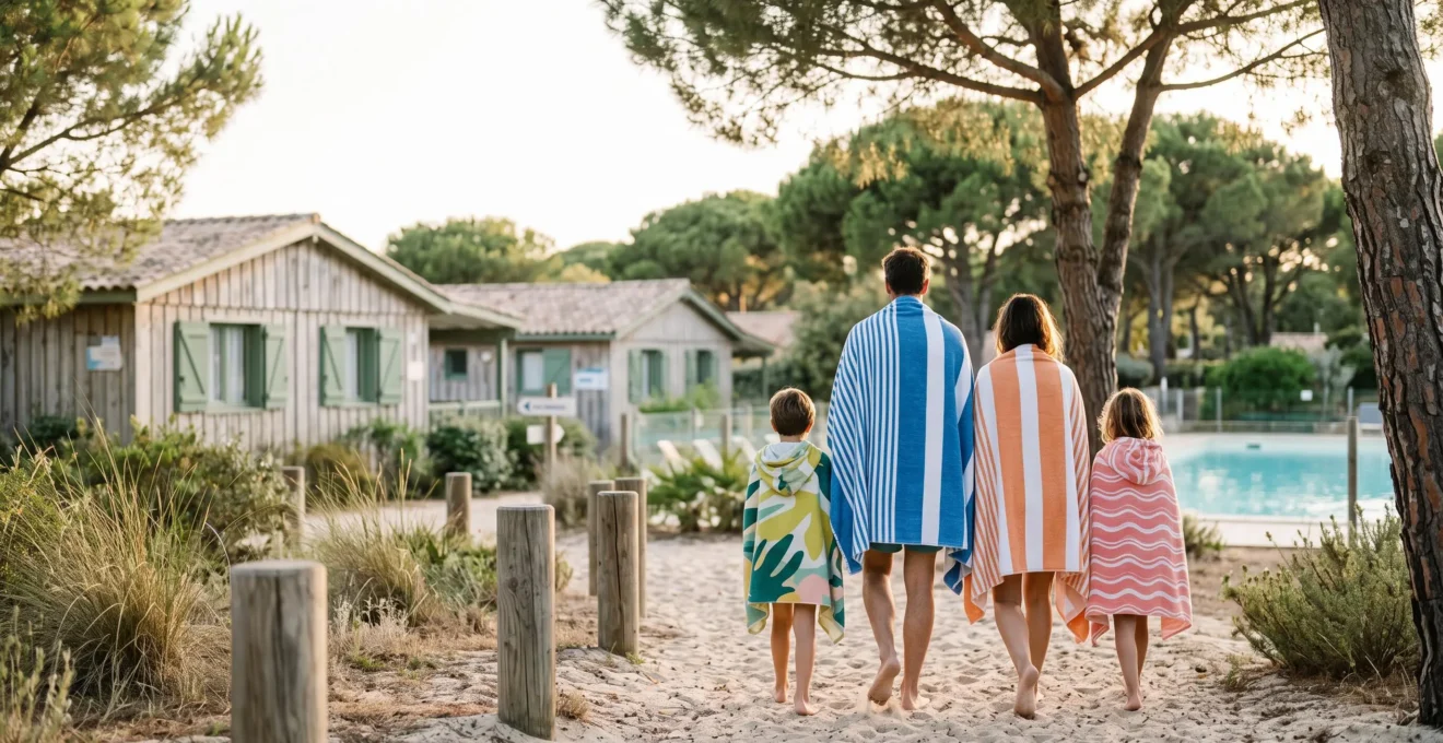 Famille marchant vers la plage dans un village vacances naturiste en France, ambiance chaleureuse et sereine