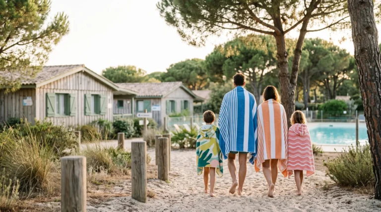 Famille marchant vers la plage dans un village vacances naturiste en France, ambiance chaleureuse et sereine