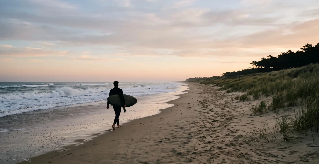 Silhouette d'un rider portant une planche de surf sous le bras, marchant sur une plage de dunes sauvages de la côte atlantique française au lever du soleil