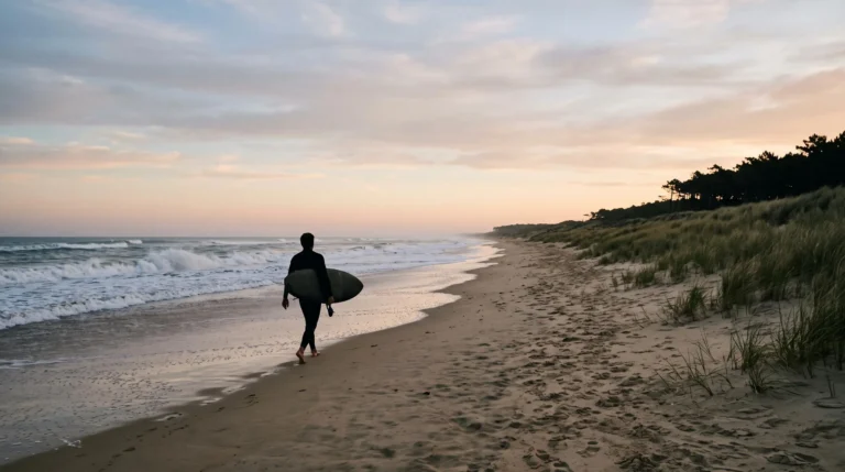 Silhouette d'un rider portant une planche de surf sous le bras, marchant sur une plage de dunes sauvages de la côte atlantique française au lever du soleil