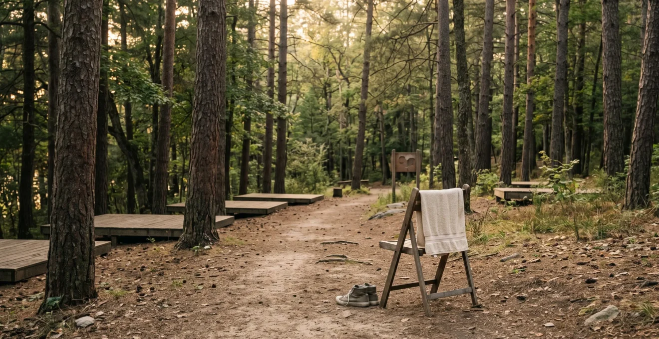 Chemin ombrage traversant un camping naturiste paisible en foret, symbolisant l'harmonie et le respect des regles non ecrites de la communaute