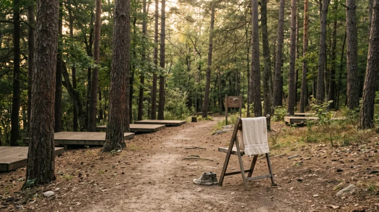 Chemin ombrage traversant un camping naturiste paisible en foret, symbolisant l'harmonie et le respect des regles non ecrites de la communaute