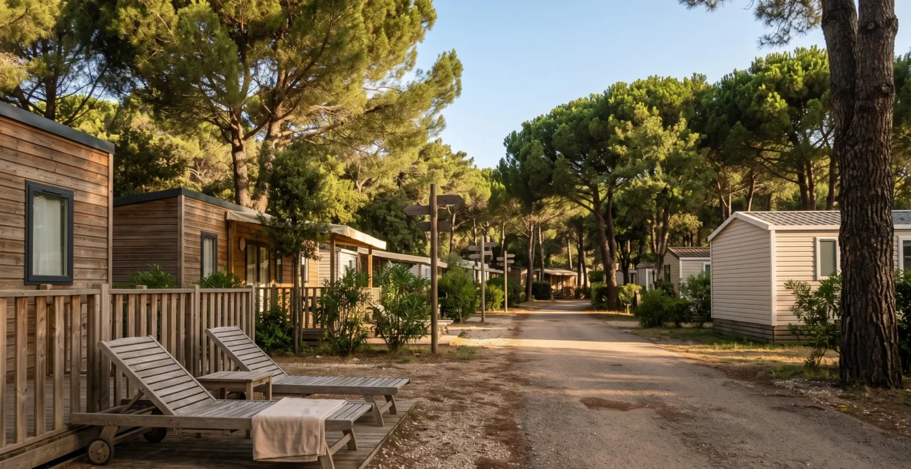 Allee ombragee d'un camping naturiste bordee de chalets en bois et de mobil-homes au coucher du soleil